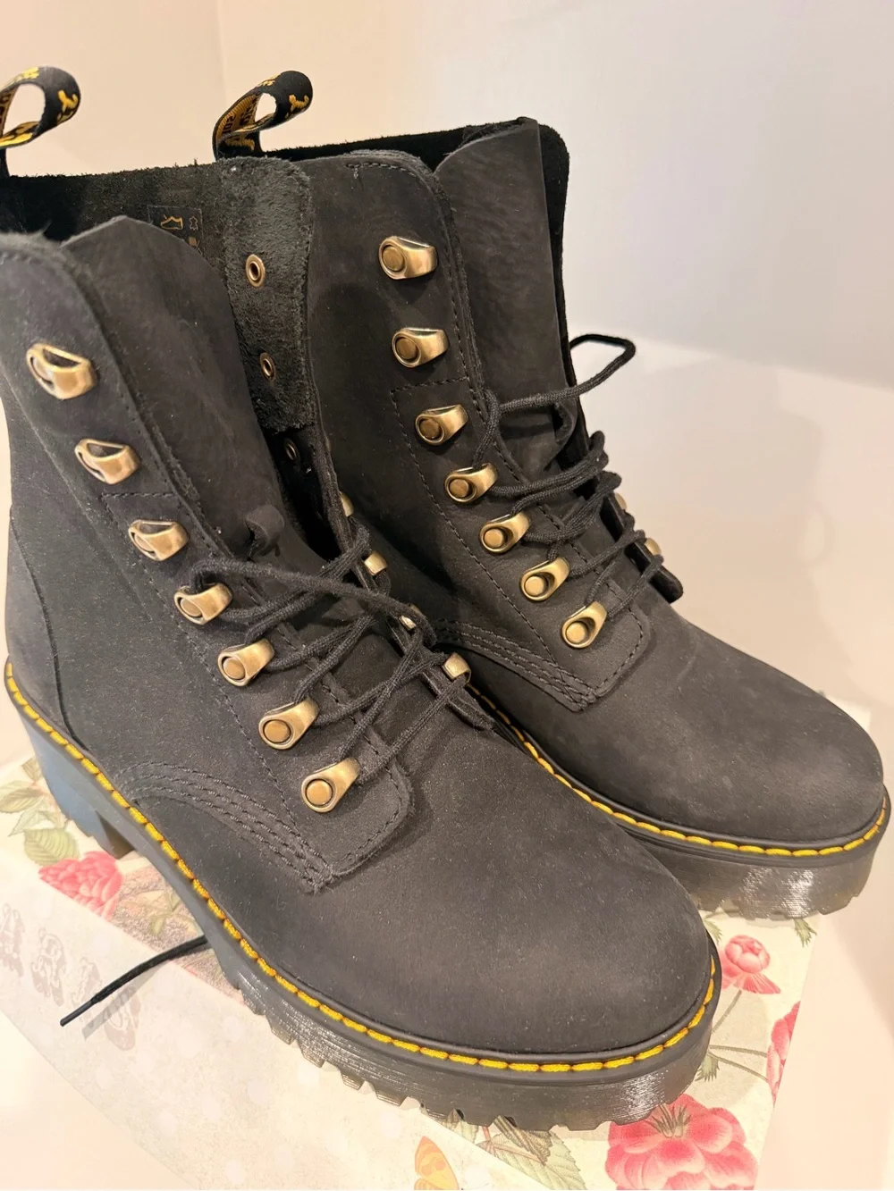 Dr. Martens Black Lace-Up Platform Ankle Boots with Yellow Stitching